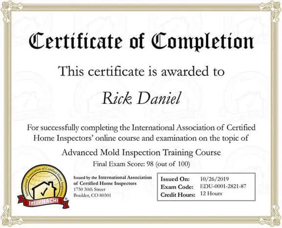 InterNACHI Advanced Mold Inspection Certificate (Rick Daniel)