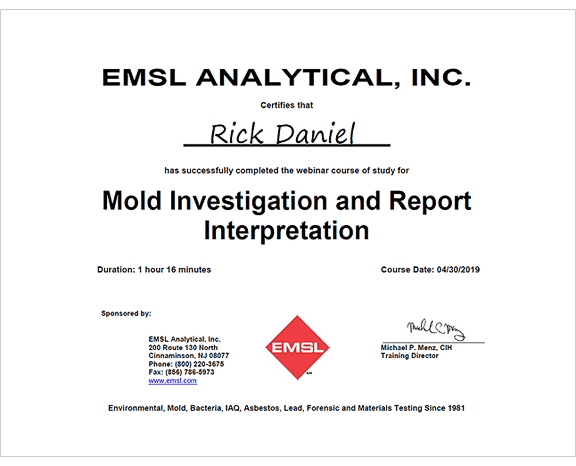 EMSL Analytical: Mold Investigation and Report Interpretation Certificate (Rick Daniel)